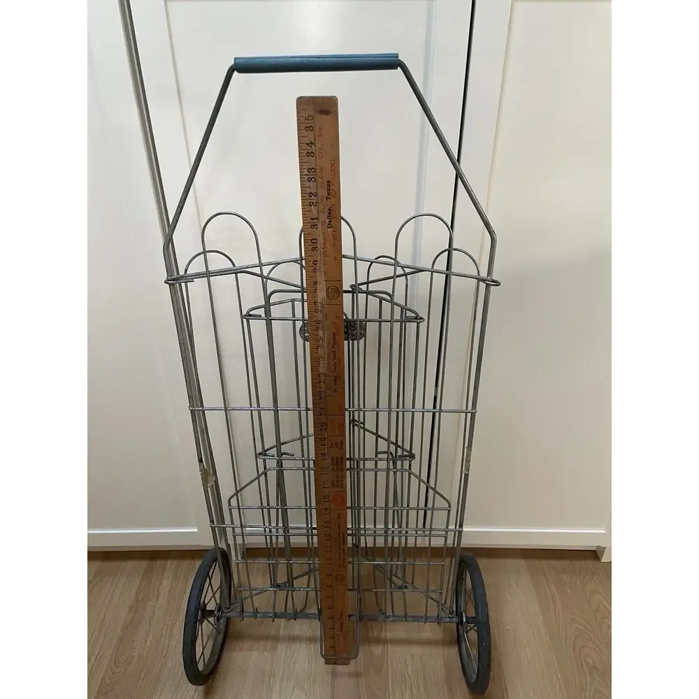 Vintage Folding Shopping Cart French Market Metal Laundry Basket Towel Storage